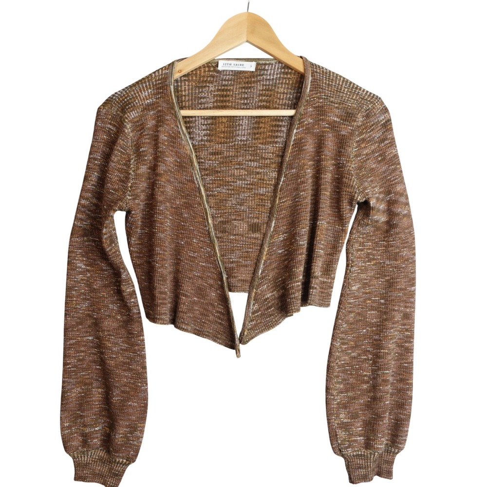 12TH Tribe Brown Space Dye Cropped Cardigan Womens S Knit Open Front‎ Boho Indie